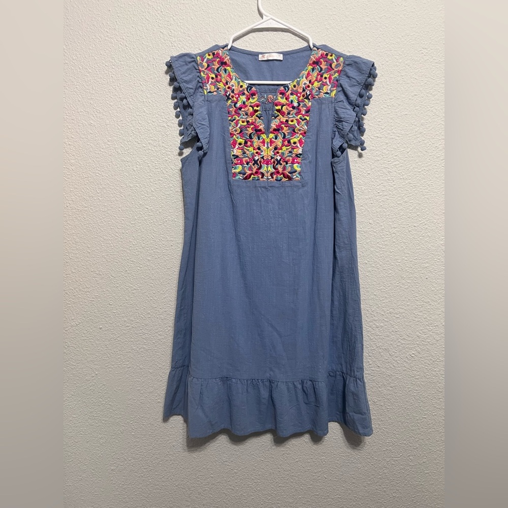 Blue Ruffled Sundress with Embellished Crew Neck - Picture 2 of 7